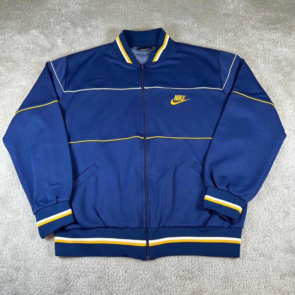 Vintage 80s Nike Track Jacket Mens‎ Large Navy Blue Tag Full Zip Bomber Striped